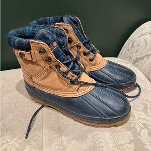 Tan and Blue Duck Boots